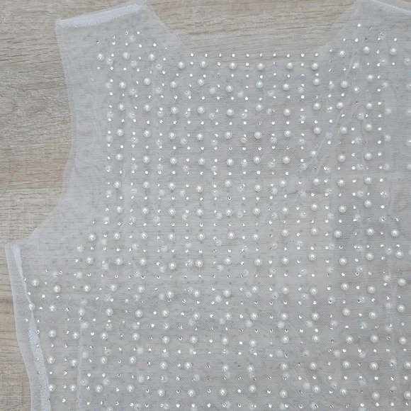 Sheer Mesh White Pearl + Silver Rhinestone Crop Tank Top - Picture 2 of 3
